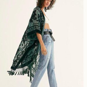 Green Velvet Kimono, Semi Sheer, Burn out, Roses, Flowers, Fringed, Cover